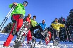 gutgelaunte Wandergruppe mit Schneeschuhen